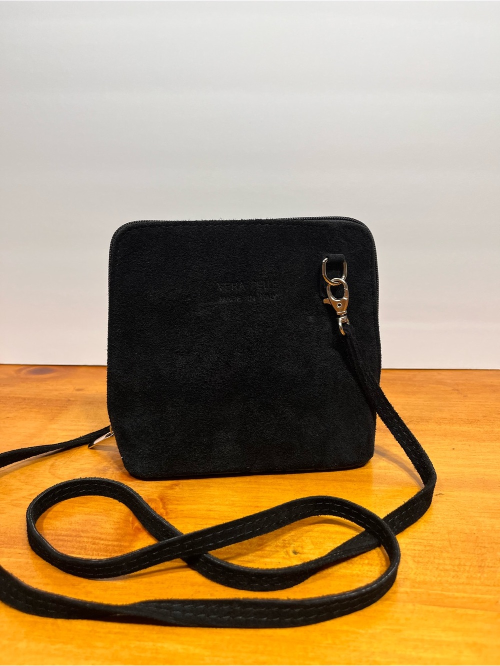 Vera Pelle Black Suede Crossbody Bag - Minimal Square Design